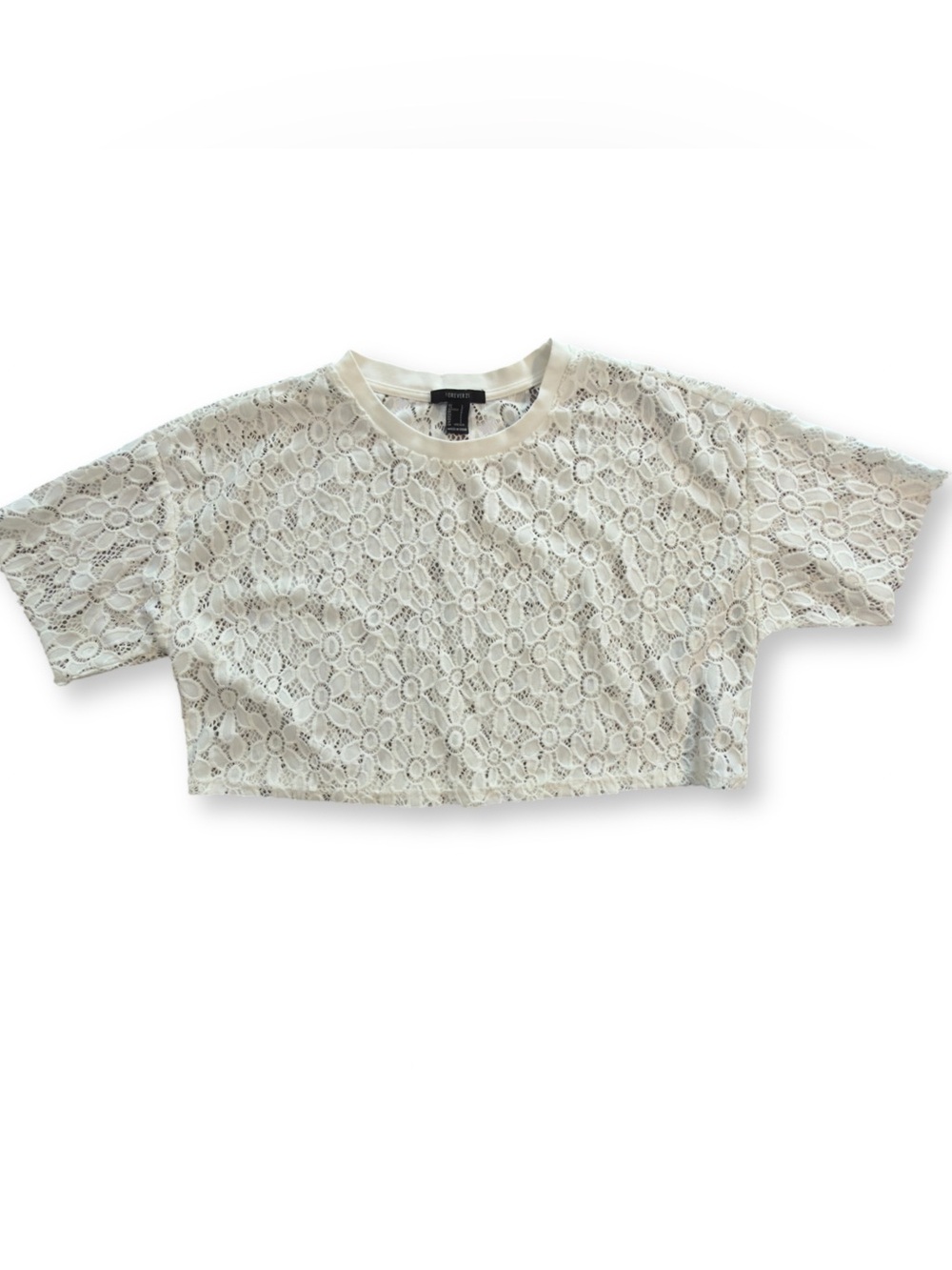 Forever 21 Women’s S White Floral Eyelet Lace Crop Top Short Sleeve Boho Y2K